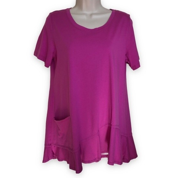 LOGO by Lori Goldstein Short Sleeve Gathered Flounce Hem Pink Shirt Women Medium - Picture 1 of 11